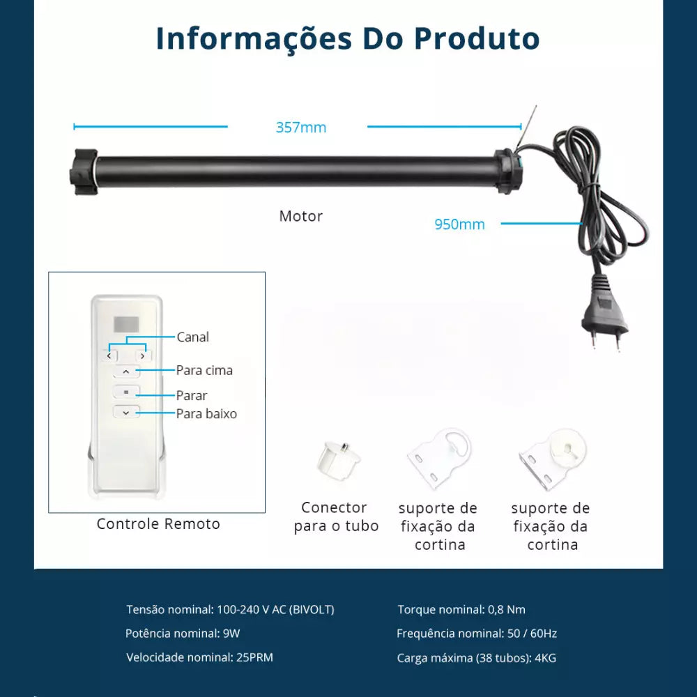 Motor Tubular para Persiana de Rolo Wifi e Controle de Voz